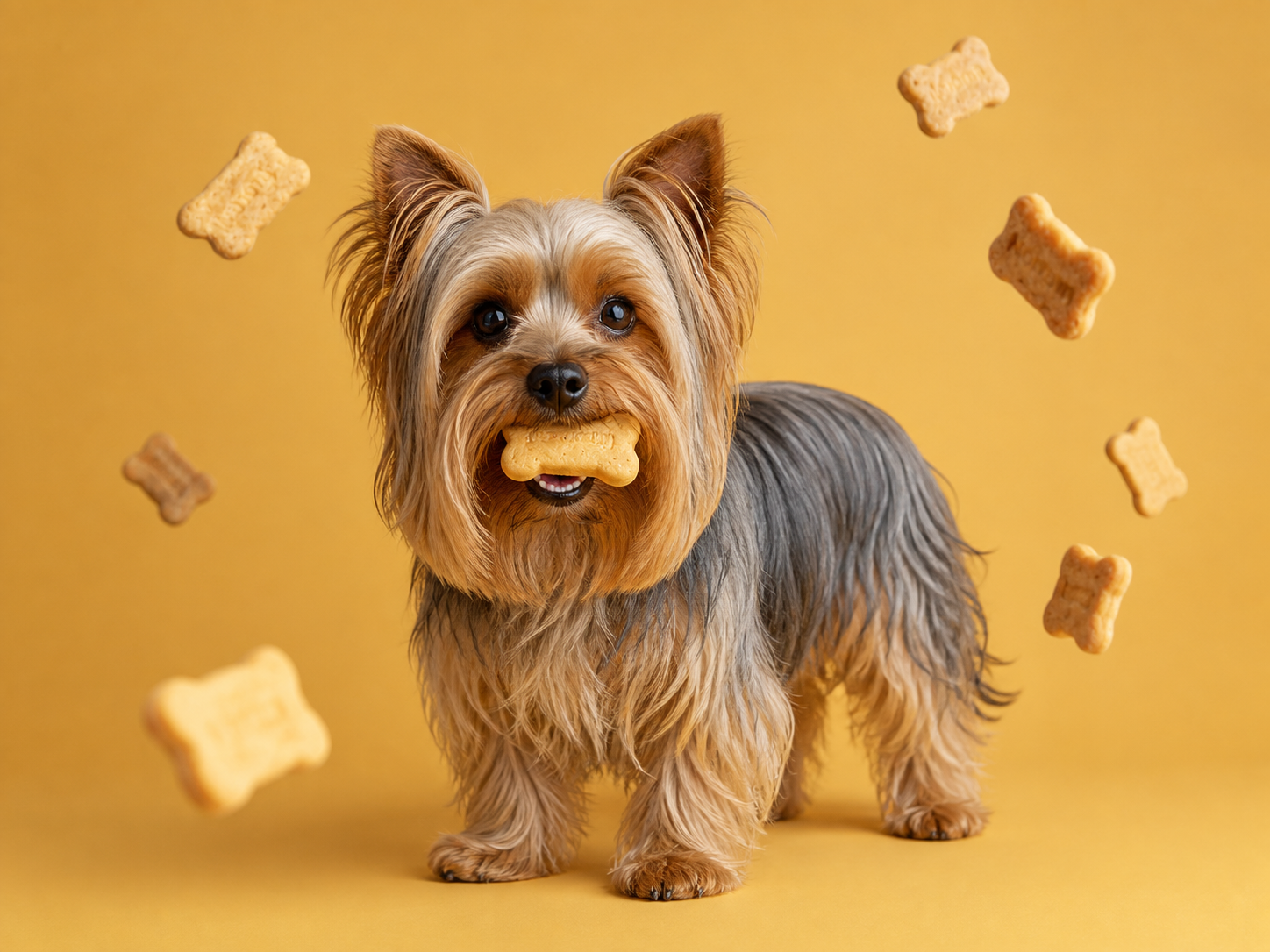 Yorkshire Terrier segurando um petisco em ambiente amarelo